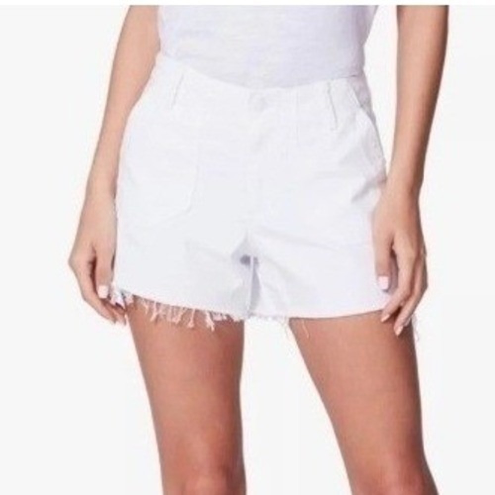 PAIGE | White Denim Cutoff Utility Shorts Raw Hem Cotton Lyocell Blend | Size 26